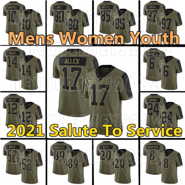 

salute to service josh allen nick bosa stefon khalil mack bear diggs nick chubb george kittle jimmy brown garoppolo jerry rice raven, Black
