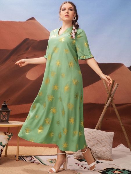 

plus golden floral print frilled cuff tunic dress without belt r2h0#, Black
