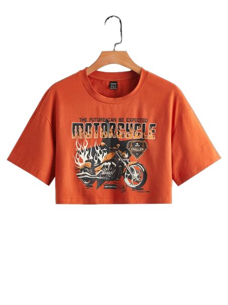 

drop shoulder slogan & motorcycle print tee c8ld#, White