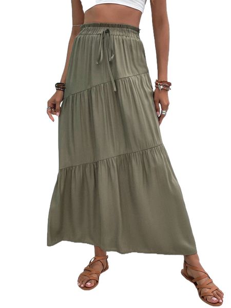 

tie paperbag waist ruffle hem skirt j4hv#, Black