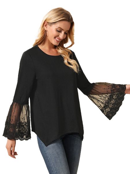 

emery rose embroidery mesh cuff asymmetrical hem 25tt#, White