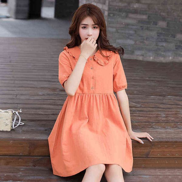 

summer maternity cotton and linen dress short sleeve peter pan collar high waist pregnant woman aline dress cute wholesale j220628, White