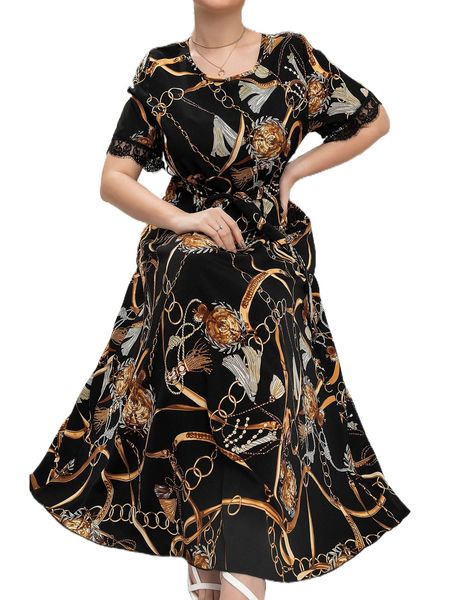 

plus chain print contrast lace belted dress y2tl#, Black