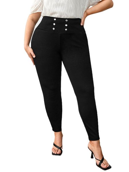 

plus wide waistband button detail leggings u8br#, Black