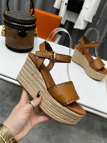 

2022 starboard wedge sandal women designer sandals high heel espadrilles natural perforated calf leather lady slides outdoor shoes, Black