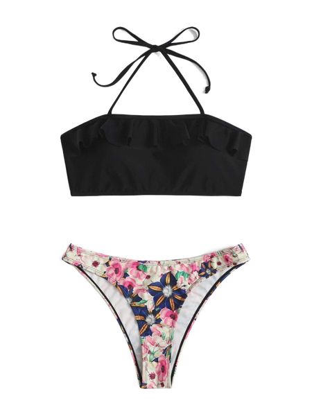 

floral print ruffle trim tie side bikini swimsuit t43z#, White;black