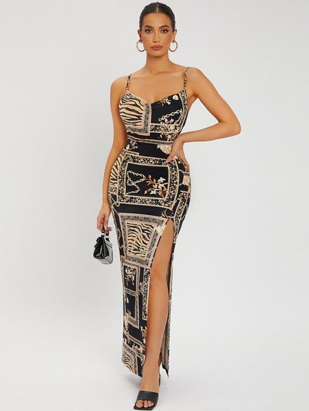 

sxy scarf print backless split thigh dress d21a#, Black;gray