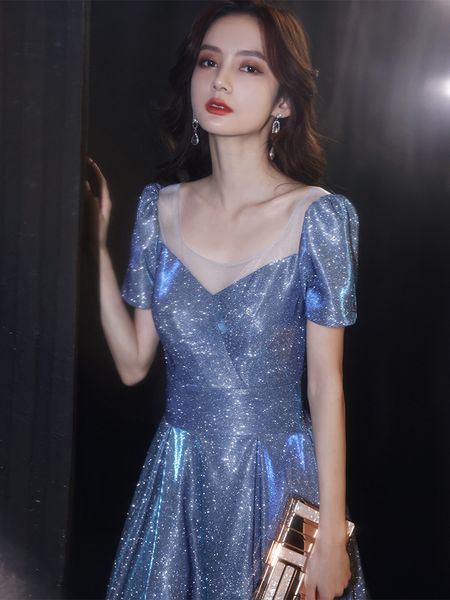 

banquet evening dress 2021 new autumn blue starry sky heavy industry elegant long annual meeting host dress for women, White;black