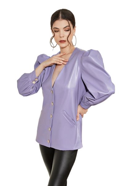 

x kalinowska gigot sleeve slant pocket pu leather coat k2w0#, Black