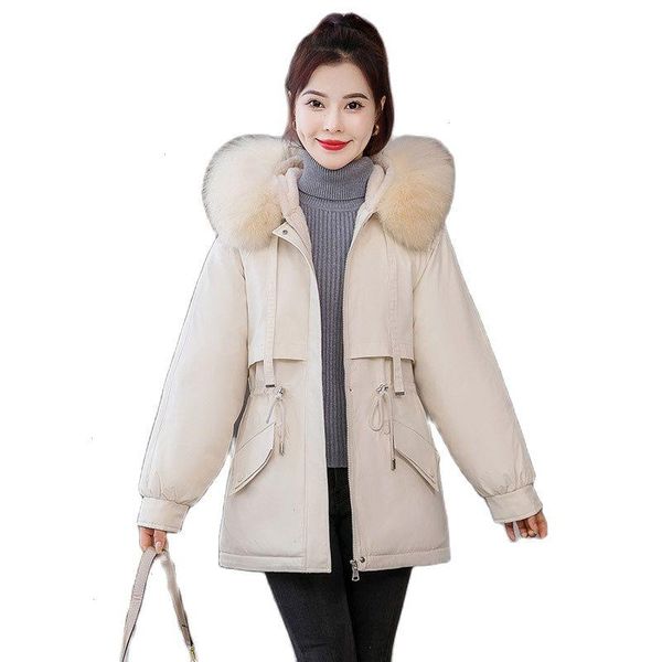 

women winter hooded parkas faux fur liner big pocket midi coat puffer jacket cotton padded outwear overcoat, Black