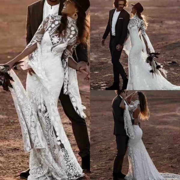 

2022 lace mermaid wedding dresses backless bridal gown high neck long sleeves ruffles custom made ruched boho vestidos de novia, White