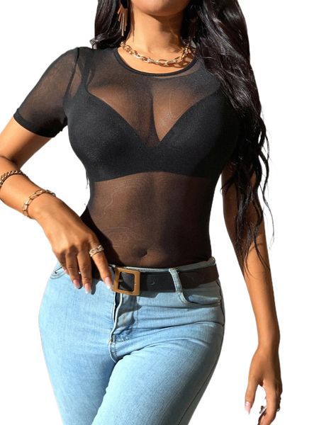 

tall solid round neck mesh without bra 92y4#, White