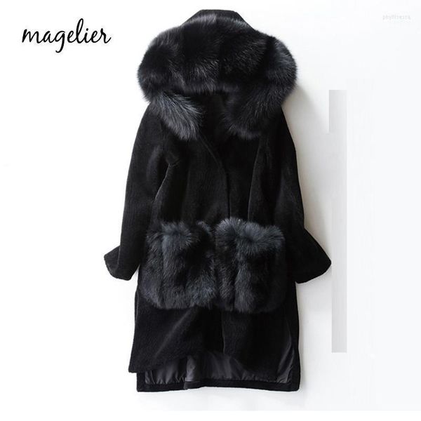 Doğal Gerçek Koyun Shearling Orijinal Kürk Ceket Kış uzun kalınlıkta dış giyim katları Kadın LD-7710 Phyl22