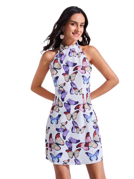 

butterfly print mock neck halter dress 98zj#, Black;gray