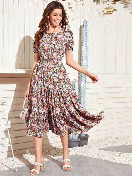 

allover floral print flounce hem a-line dress k2nu#, Black;gray