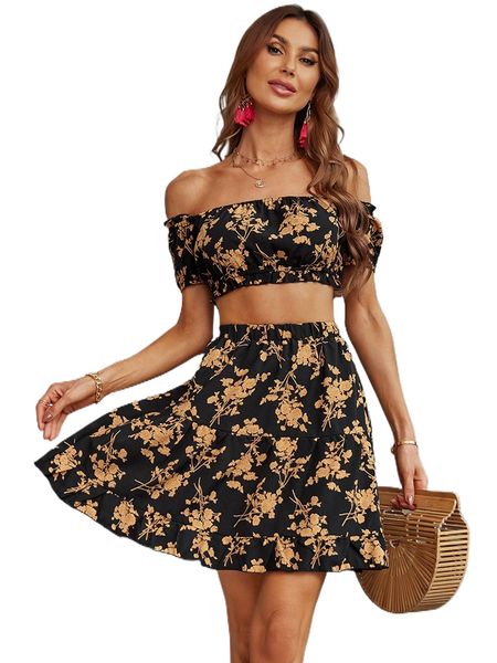 

floral print off shoulder crop & ruffle hem skirt v1oa#, White