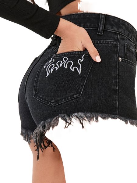 

petite raw hem fire embroidery denim shorts 53nd#, White;black