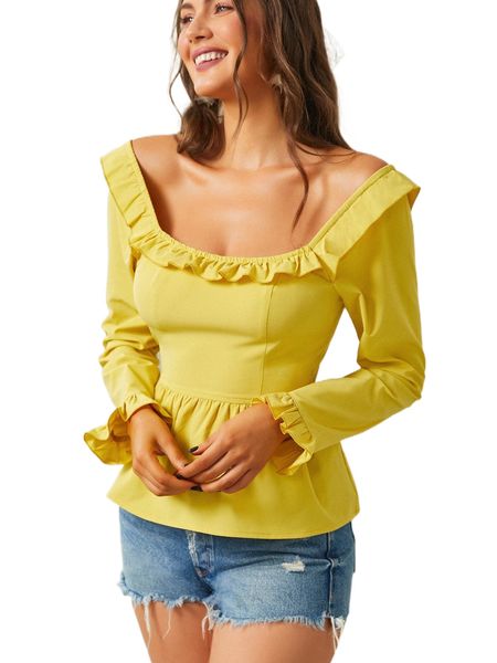 

sbetro solid ruffle trim blouse y53b#, White
