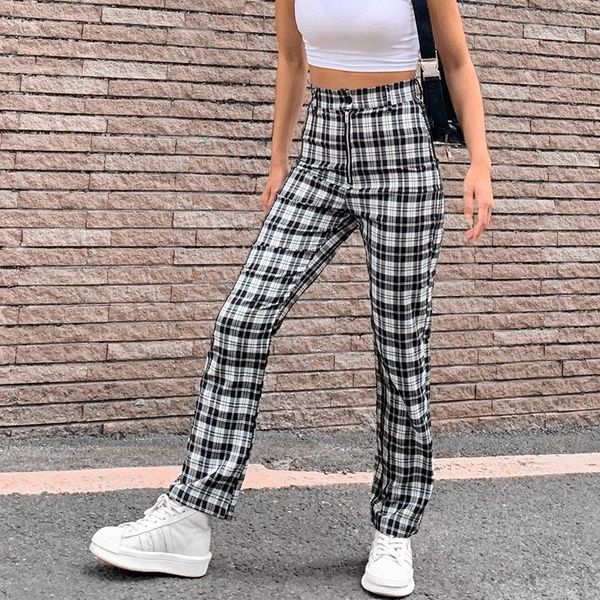 

women's pants & capris 2022 women's plaid high street straight retro waist casual pantswomen's, Black;white