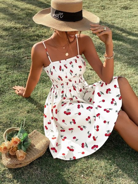 

cherry print shirred cami dress p2qq#, Black;gray