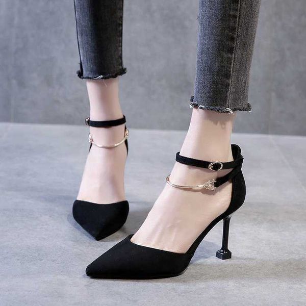 

elling 2022 spring and summer new women's high heeled korean one button pointed single fashion high-heeled sandals classic luxury weddi, Black