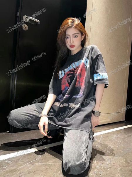 

22ss women designers t shirts tee paris destroyed tie dye cotton short sleeve crew neck streetwear xinxinbuy black gray s-2xl, White