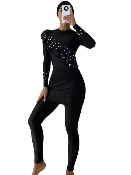 

3pack polka dot exaggerated ruffle trim high neck full body swimsuit o98y#, White;black