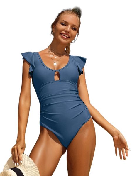 

cut out front flutter sleeve ruched one piece swimsuit i9da#, White;black