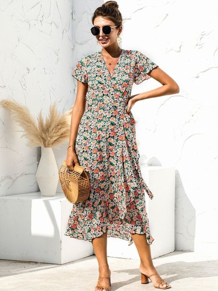 

floral print tie side wrap dress x5nn#, Black;gray