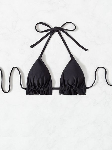 

frill trim halter micro triangle bikini z17l#, White;black