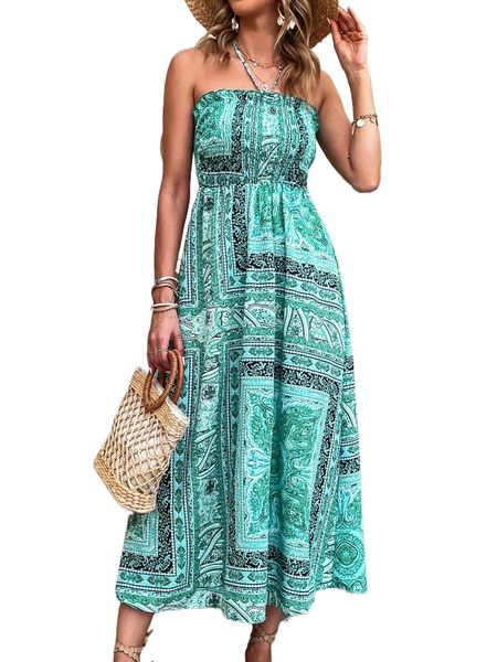 

shirred bodice scarf print halter dress w30x#, Black;gray