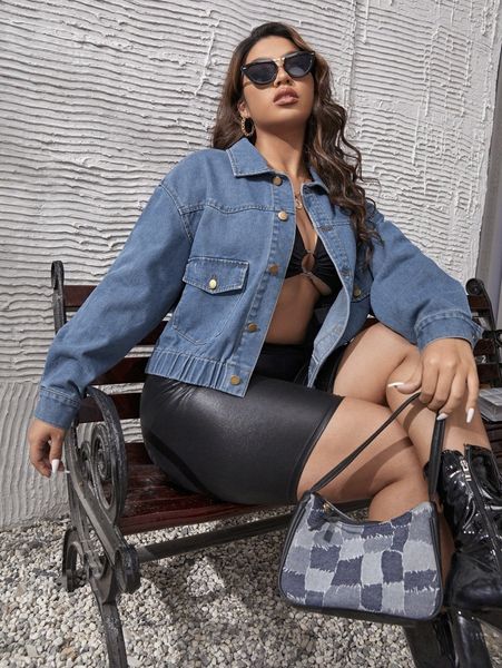 

plus flap pocket drop shoulder denim jacket 69zp#, Black;brown