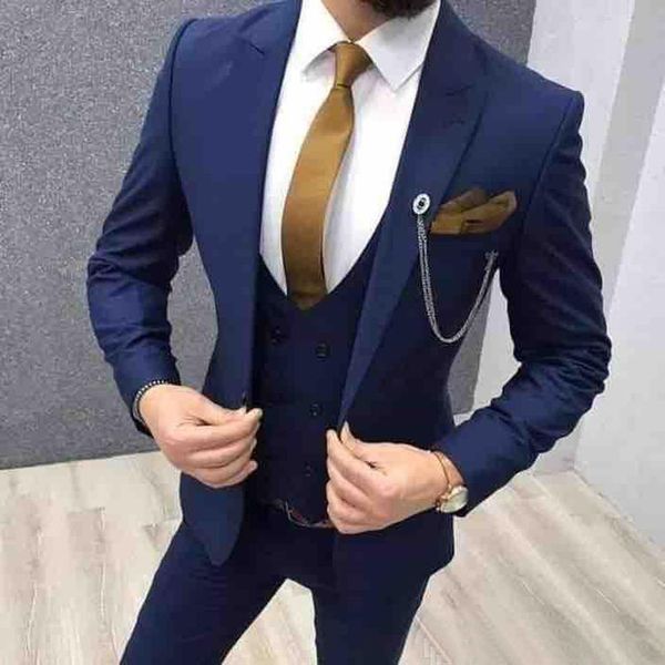 Tuxedos de noivo azul marinho bonito marinho pico de lapela de lapela masculinos de casamento de casamento excelente jaqueta de homem blazer de 3 peças (jaqueta colete calça)