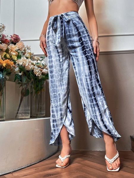 

tie dye wrap hem tie front pants y3eq#, Black;white