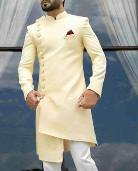 Neueste Unregelmäßige Design Männer Lange Anzug Jacke Indischen Stil Bräutigam Hochzeit Kleid 2 Stück Party Smoking Terno Masculino 220411