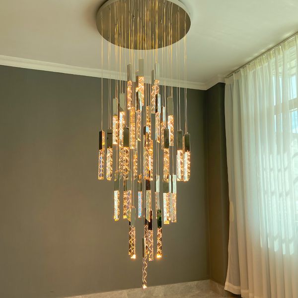 Moderne Kristall-Kronleuchter-Lampen für Treppen Gold / Schwarz / Chrom-LED-Wohnzimmer-Wohnkultur-Hängelampe lange Kristall-Innenleuchten