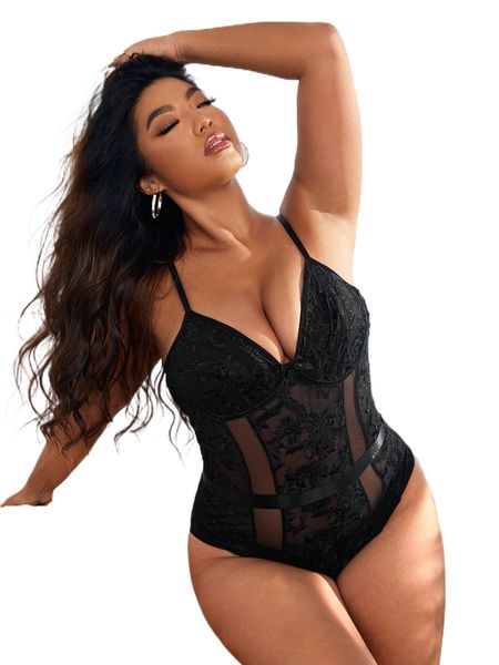 

plus floral embroidered mesh teddy bodysuit without liner t1ko#, Black;white