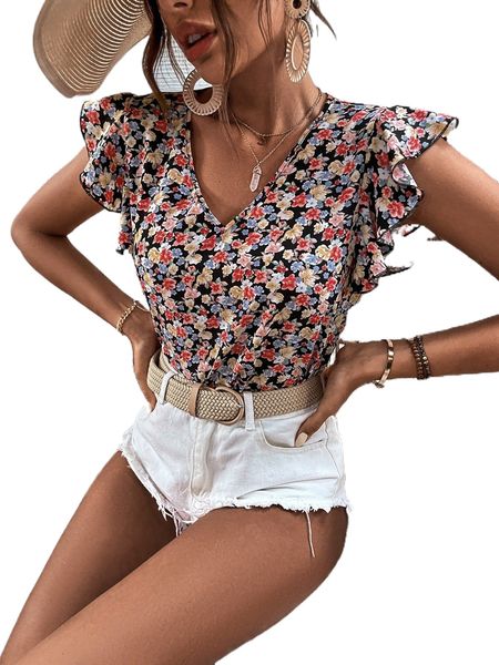 

allover floral print butterfly sleeve blouse b3m1#, White