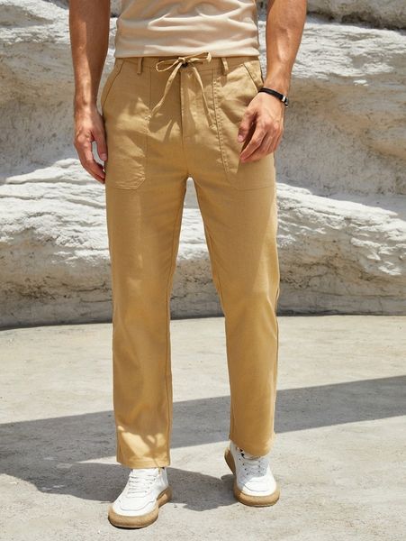 

men drawstring waist solid straight leg pants m2rj#, Black