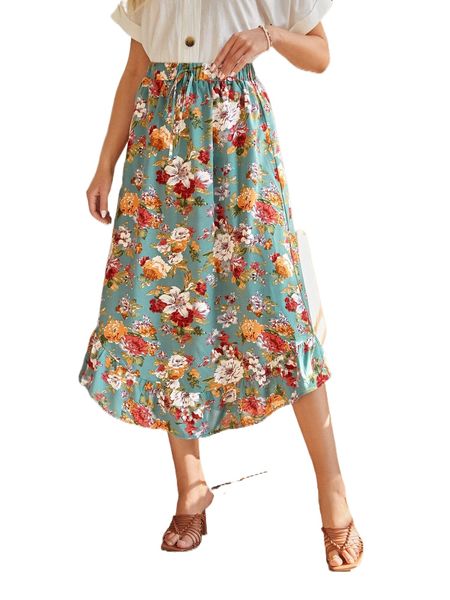 

emery rose floral print tie front ruffle hem skirt y7nu#, Black