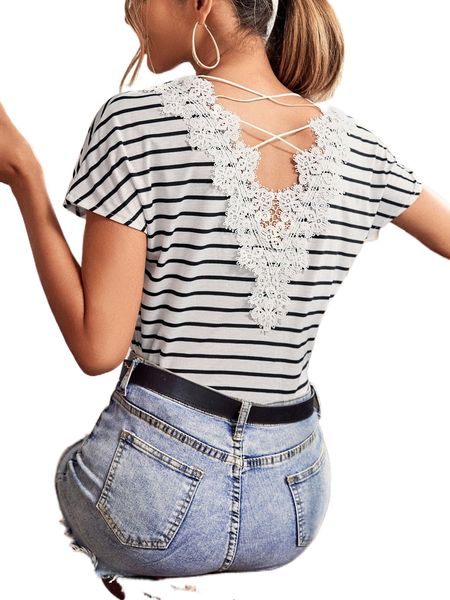 

guipure lace insert striped tee d9za#, White