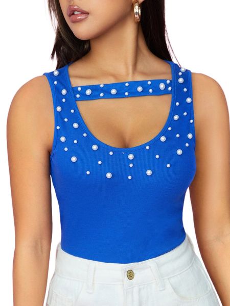 

peekaboo front pearls beaded tank t5o0#, White