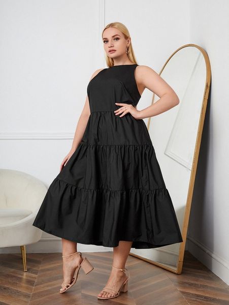 

plus ruffle hem smock dress d0af#, Black
