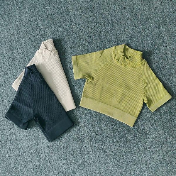 

yoga outfit wareball women's seamless ribbed short sleeve crop shirts workout for women slim fit running fitness t-shirts