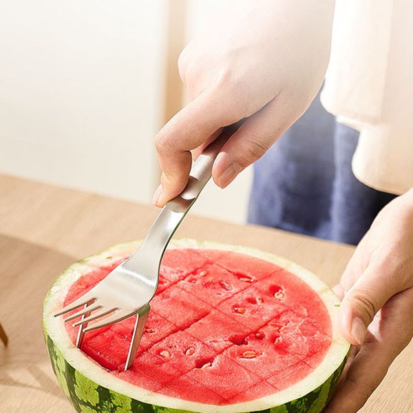 Gabeln 2 In 1 Tragbare Wassermelone Schneiden Messer Gabel Edelstahl Melone Obst Teiler Slicer Wassermelonen Cutter Obst Gabeln Küche werkzeuge ZL1222