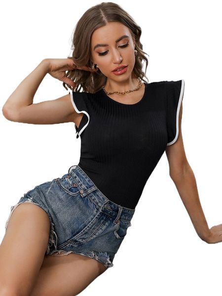 

contrast binding butterfly sleeve tee a6oi#, White