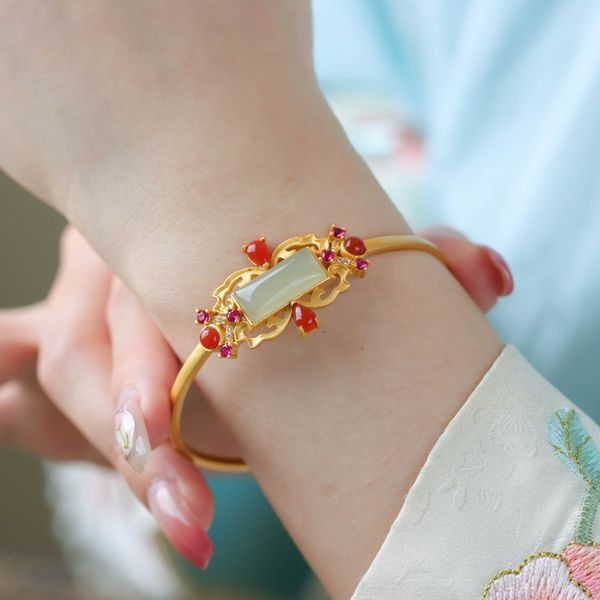 

s925 sterling silver bracelet opening natural n jade sapphire light luxury high sense design small public children, Golden;silver