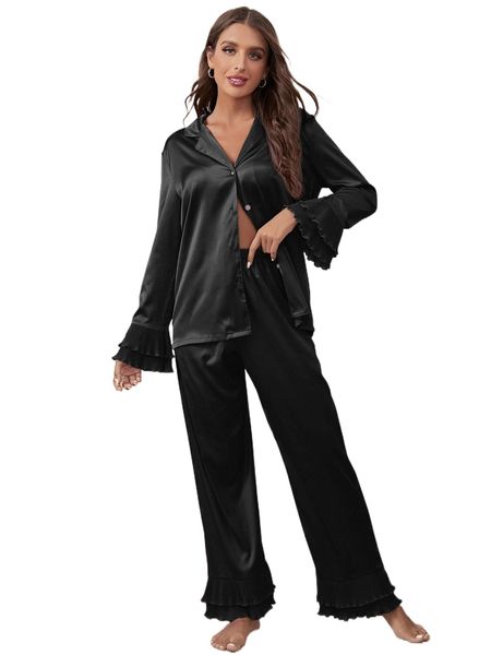 

notch collar satin blouse and ruffle hem pants pj set f2rn#, Black;red