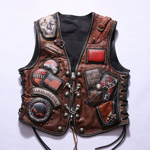 Estilo punk estilo Harley Jackets de colete de couro de cobre Men Men Men laser bordado peça de motocicleta rock jaqueta de couro procurada