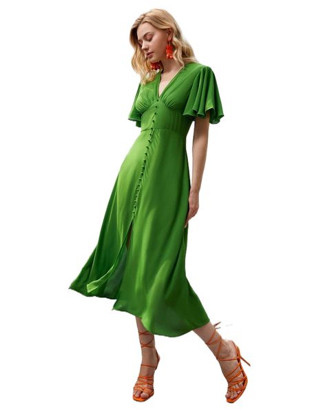 

butterfly sleeve fake button split hem dress m9bz#, Black;gray